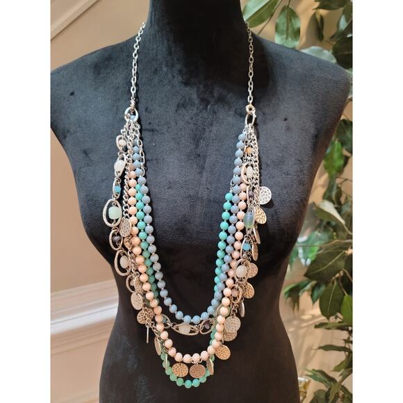 Womens Multi Layer Beaded Charm Necklace Toggle Lock Pastel Blue And Green Beads - Picture 2 of 6
